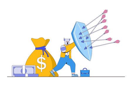 Protection against hazard, security attack or business risk, insurance or safety guard to protect from threat concepts. Strong businessman with armor hiding behind a shield to defend from bow arrows.のイラスト素材