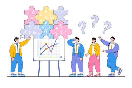 Complicated explanations, poor communication skills, unclear message concepts. Businessman boss have dialogue problem and talking confused when brainstorming or presentation with team members.のイラスト素材