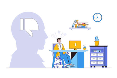 Demotivation from failure, bad feedback, mental breakdown or depression, no passion or burnout from overwork concepts. Sad stressed businessman sit near head with thumbs down hand symbol in workplace.のイラスト素材