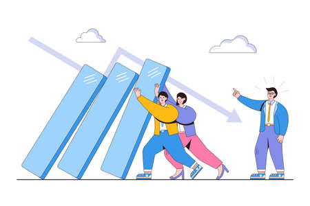 Leadership and courage to survive crisis, teamwork to help win corporate success, and challenge concepts. Businessman manager lead team to push falling bar graph to defend from economic risk.のイラスト素材