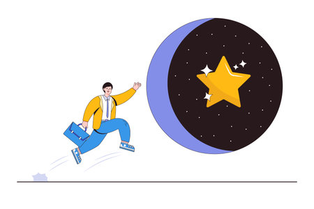 Ambition, motivation to achieve goal, improvement skill to help life better, initiative begin journey, career development concepts. Businessman leader jump to space hole and get precious golden star.のイラスト素材