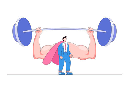 Business strength potential, strong ambition to finish job, career challenge, powerful leadership, growth motivation concepts. Businessman super hero lifting heavy weight using huge muscle shadow.のイラスト素材