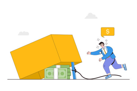 Money trap to bait greed people, illegal investment scam, financial fraud, risky business, doubtful project, investment problem concepts. Businessman step into wood boxes trap to get dollar banknote.のイラスト素材