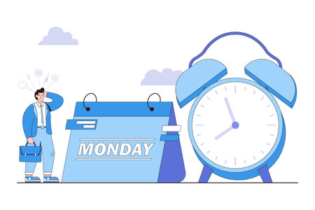 Hate monday morning, fear of routine office job, tired unhappy worker trying to start the work week, burnout syndrome concepts. Lazy businessman seeing alarm clock and calendar showing monday.のイラスト素材