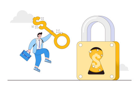 Key to financial success and prosperity, unlock secret reward to gain profit, wealth solution concepts. Smart businessman investor holding huge golden key to unlock padlock with money coin inside.のイラスト素材