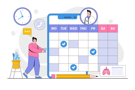 Patient scheduling meeting concept with doctor online cartoon character. Woman making appointment with therapist via smartphone telehealth application. Minimal vector illustration for landing page.のイラスト素材