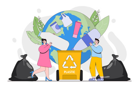 Plastic pollution problem concept. People collecting and sorting plastic trash into recycling garbage bin. Environmental and earth day vector cartoon illustration for landing page, hero images.のイラスト素材