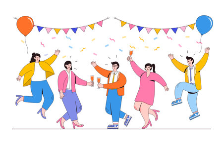 Grand opening ceremony celebration or other big ceremony event concept with confetti and champagne. Outline design style minimal vector illustration for landing page, web banner, hero images.のイラスト素材