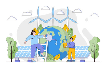 Ecology concept. People take care about planet and protect nature. Environmental and earth day vector cartoon illustration for landing page, web banner, hero images.のイラスト素材