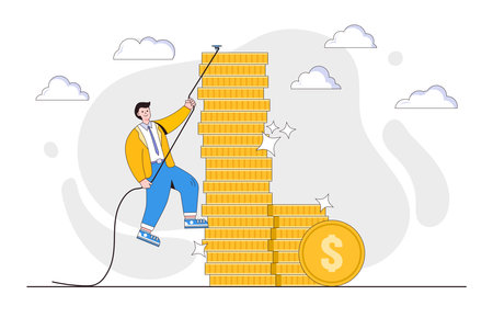 Financial goal, income, salary and career path, investor risk to make profit or money concept. Businessman trying hard to reach top of money coins stack by climbing rope.のイラスト素材
