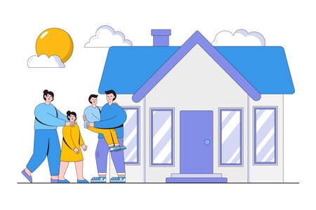 Happy family in front of house concept. Mother father daughter son holding hands and hugging. Outline design style minimal vector illustration for landing page, web banner, infographics, hero images.のイラスト素材
