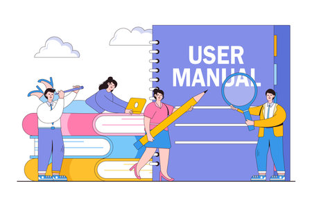 Document specification requirements, Instructions for use concept with business people character. Outline design minimal vector illustration for landing page, web banner, infographics, hero images.のイラスト素材