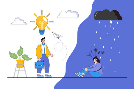 Support for those under stress concept. A young man holds out his helping hand to woman in a state of depression with light and dark side. Outline design minimal vector illustration for landing page.のイラスト素材