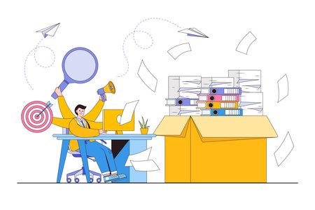Multifunctional worker, virtual business assistant concept with people character. Businessman doing a lot of things. Outline design style minimal vector illustration for landing page, web banner.のイラスト素材