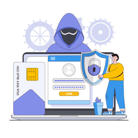 Identity theft protection vector illustration concept with characters. Identity fraud prevention, secure personal information, digital identity safety. Modern flat style for landing page, infographic.のイラスト素材