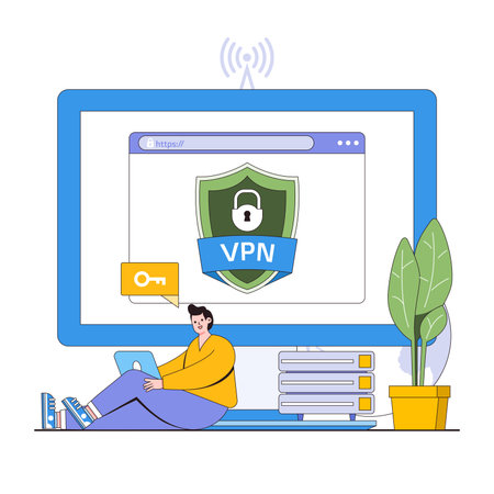 Secure network connection vector illustration concept with characters. Vpn usage, encrypted connection, safe browsing. Modern flat style for landing page, web banner, infographics, hero images.のイラスト素材