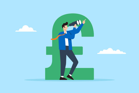 Businessman in UK currency looking to the future with binoculars in flat designのイラスト素材