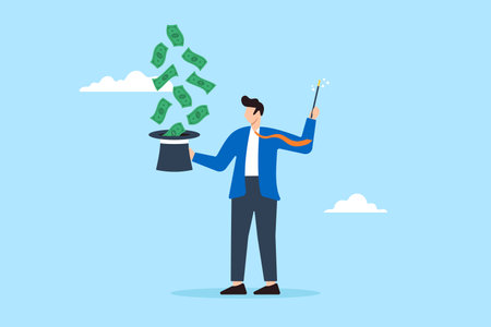 Financial wizard make money with magic wand and hat in flat designのイラスト素材