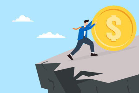 Frustration businessman struggling pushes money coin of the cliff in flat designのイラスト素材