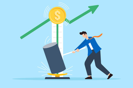 Businessman hammering strength tester to reach top high graph in flat designのイラスト素材