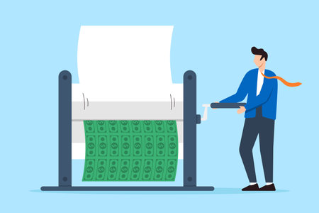 Central bank executive operating money printer for banknotes in flat designのイラスト素材