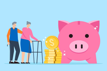 Elderly couple stands with stack dollar coins and pink piggy bank in flat designのイラスト素材