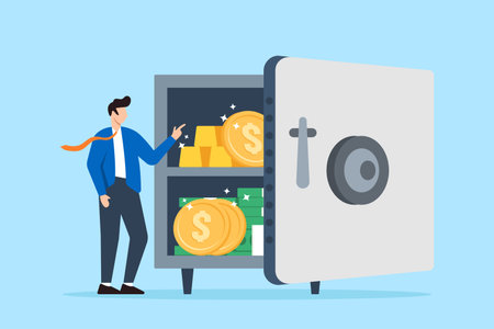 Businessman stand next to safe with gold, and coin cash money in flat designのイラスト素材