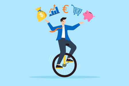 Smart businessman juggling finance on unicycle in flat designのイラスト素材