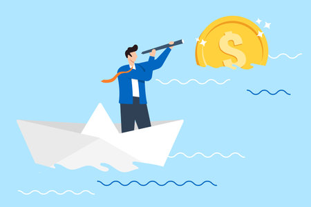 Businessman riding paper boat spotting distant gold coin with telescope in flat designのイラスト素材