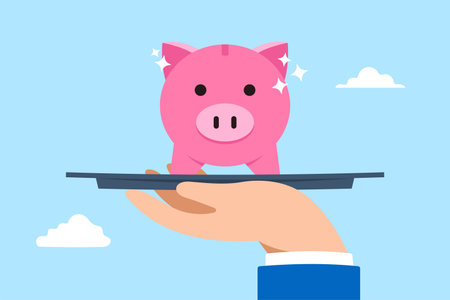 Businessman hand presents precious piggy bank on elegant tray in flat designのイラスト素材