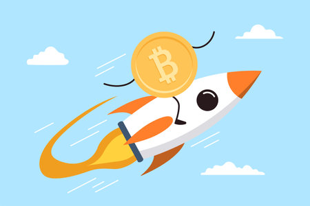 Bitcoin flying on rocket through space clouds in flat designのイラスト素材