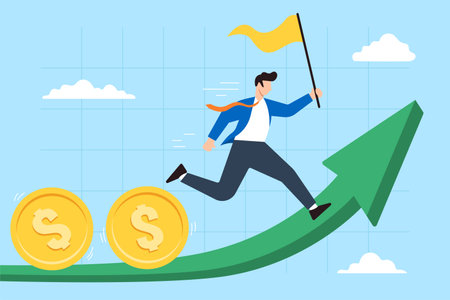 Businessman leader running on upward graph with flag and coins in flat designのイラスト素材