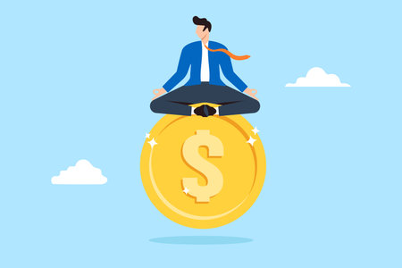 Businessman meditate on floating gold coin in flat designのイラスト素材