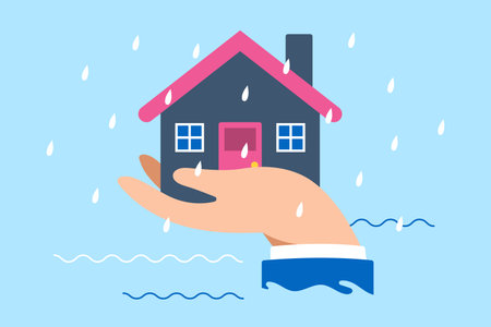 Giant hand protect house from floods in flat designのイラスト素材