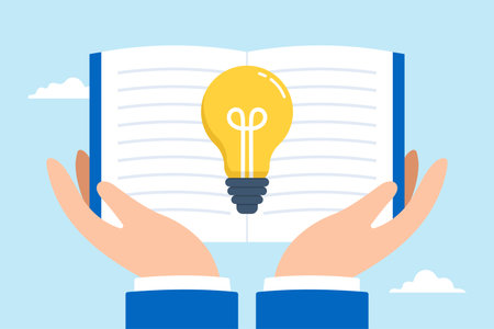 Big hand holds open book to discovering lightbulb ideaのイラスト素材