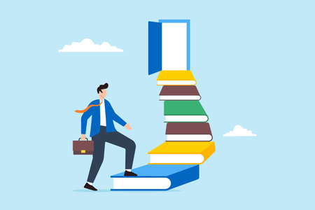 Businessman climb book stack stairs to opportunity doorのイラスト素材
