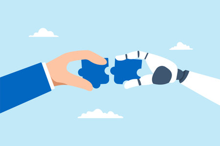 Businessman and AI robot hand connecting jigsaw puzzle togetherのイラスト素材