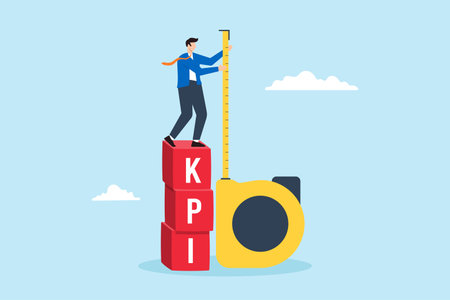 Businessman standing on KPI box and measuring performanceのイラスト素材