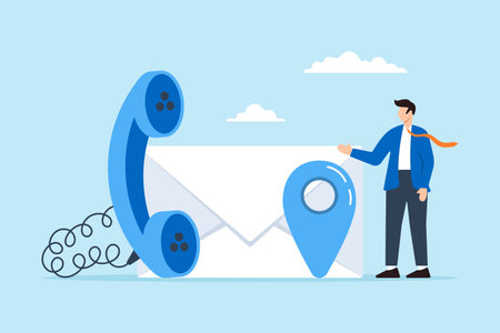 Businessman standing near telephone, email and location pinのイラスト素材