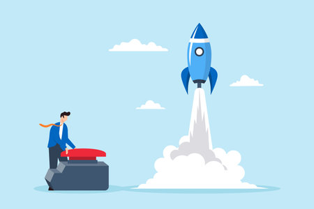 Businessman launching rocket by pressing red buttonのイラスト素材