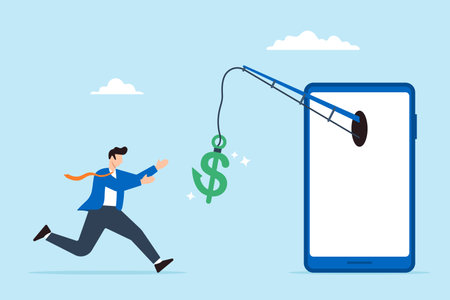 Businessman running to catch fishing hook with money us dollar sign on mobile phoneのイラスト素材