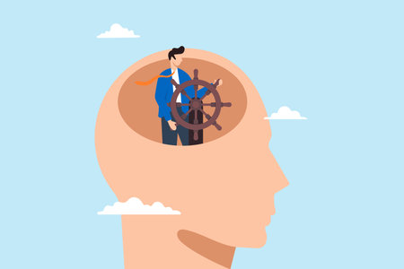Businessman leader control ship steering wheel on his headのイラスト素材