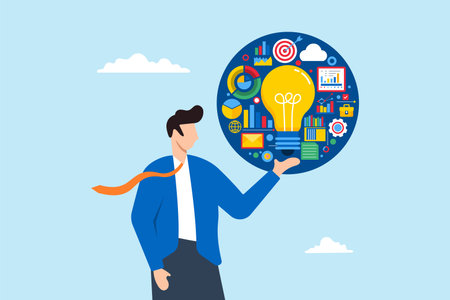 Businessman holding light bulb showing business intelligence dataのイラスト素材