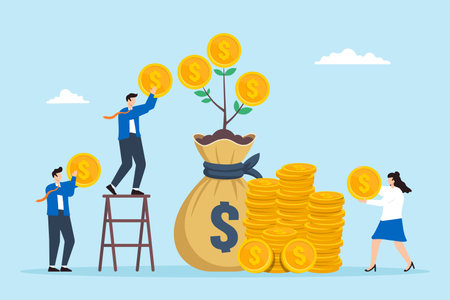 People invest coin in mutual funds, witnessing their money grow over time. Concept of investment growth, wealth management, financial profit from stock market, and savingsのイラスト素材
