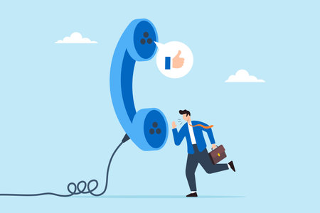 Salesman talks to client on phone and seals deal with thumbs up symbol, illustrating expertise in telephone sales to generate leads. Concept of successful telemarketing, promoting products or servicesのイラスト素材