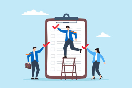 Businessman coworkers assist to put checkmark on task list clipboard, illustrating completion of todo list, work checklist. Concept of project management, teamwork to completing plansのイラスト素材