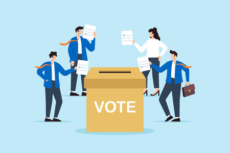 Business people put checkmark on voting papers and drop into ballot box, illustrating political choices, or employee feedback. Concept of opinions in democracy, elections, customer surveysのイラスト素材