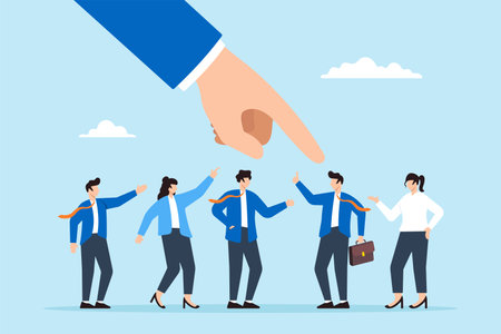 Businessman hand points at chosen candidate, illustrating selecting right person for job position. Concept of human resources recruitment, hiring new employees, and career opportunitiesのイラスト素材