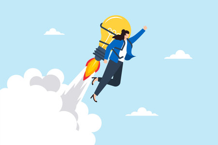 Businesswoman flying high using lightbulb jetpack, illustrating innovation and creativity. Concept of ideas, motivation to reach success goals, career development, and business growthのイラスト素材