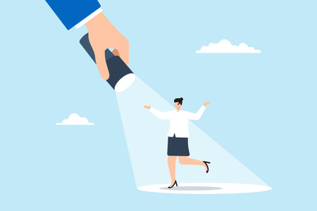 Businesswoman stands in bright spotlight, illustrating successful candidate for a job vacancy. Concept of outstanding performance, ambition, opportunities, and making ideal choice for job positionのイラスト素材